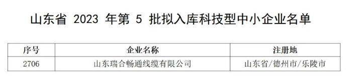 山東瑞合暢通線纜入選山東省2023年第5批擬入庫(kù)科技型中小企業(yè)名單