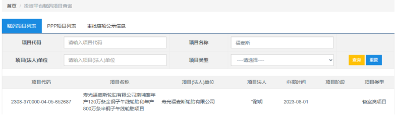 山東省投資項目在線審批監(jiān)管平臺披露，壽光福麥斯輪胎有限公司“柬埔寨年產(chǎn)120萬條全鋼子午線輪胎和年產(chǎn)800萬條半鋼子午線輪胎項目”備案。