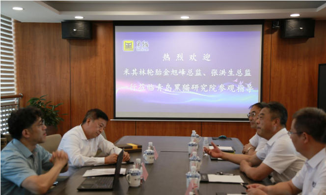 金旭峰一行人首先參觀了青島黑貓研究院的中試生產車間、黑貓文化展廳、檢測中心、研發(fā)中心等，詳細了解了黑貓集團的歷史發(fā)展、業(yè)務范圍、產學研融合等情況。