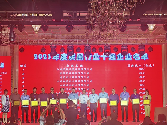 在本次大會上，“2023年度炭黑行業(yè)十強企業(yè)”名單隆重公布。名單顯示，江西黑貓?zhí)亢诠煞萦邢薰疽?02.1億元的主營業(yè)務穩(wěn)居中國炭黑行業(yè)第一名;金能科技股份有限公司緊隨其后，以54.4億元的主營業(yè)務收入名列行業(yè)十強企業(yè)第二名;而龍星化工股份有限公司以40.2億元的主營業(yè)務收入獲得了行業(yè)十強企業(yè)的第三名。