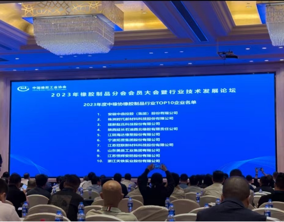 本次大會上，2023年度全國橡膠制品行業(yè)“十強(qiáng)”企業(yè)名單重磅出爐。名單顯示，安徽中鼎控股(集團(tuán))股份有限公司、株洲時代新材料科技股份有限公司、建新趙氏科技股份有限公司在2023年的綜合實力和市場地位上取得了顯著成就，獲得了橡膠制品行業(yè)“十強(qiáng)”企業(yè)前三名的榮譽(yù)。