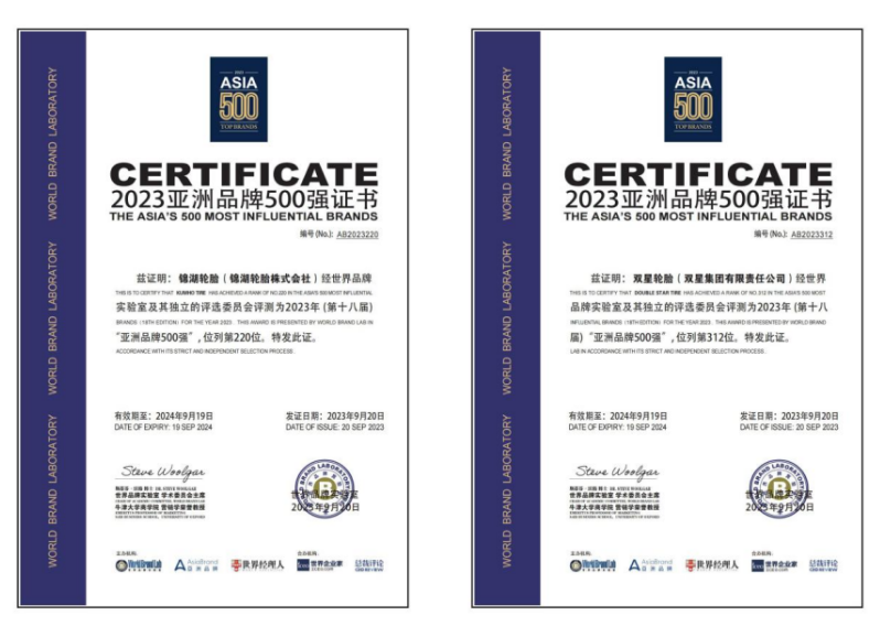 雙星集團旗下的錦湖輪胎和雙星輪胎，以其優(yōu)異的市場滿意度、卓越的品牌表現(xiàn)力和突出的行業(yè)貢獻，成功入選“亞洲品牌500強”榜單。錦湖輪胎憑借近幾年強勁的發(fā)展勢頭，在輪胎品牌中位列第二位，而雙星輪胎則以在消費者群體中優(yōu)秀的品牌認知和品牌形象，穩(wěn)居中國輪胎行業(yè)第一名。