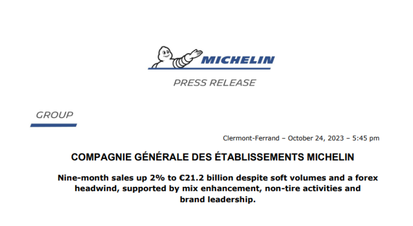 米其林前三季度業(yè)績(jī)亮眼，銷售額達(dá)1640億