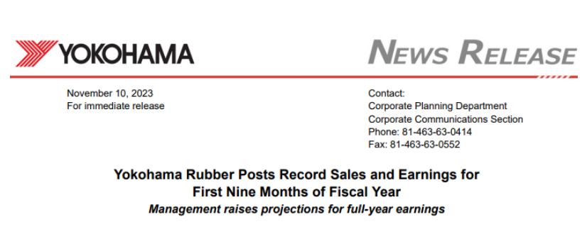 橫濱橡膠株式會社公布了2023財年前三季度業(yè)績，銷售額和營業(yè)利潤均創(chuàng)下前九個月的歷史新高。前九個月，橫濱橡膠銷售額達6925億日元(約332.96億人民幣)，同比增長12.5%;而營業(yè)利潤則以492億日元(約23.66億人民幣)的成績，同比增長6.7%。